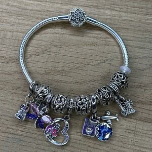 Silver 925 Charm Bracelet with Purple and Blue Accents(No Pandora)